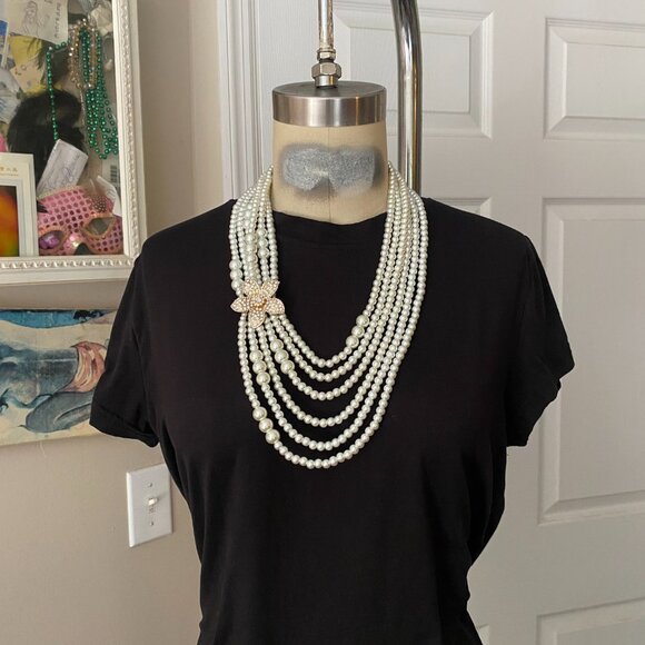 Bloomingdales CLASSIC White 6 strand Pearl Flower pendant bib Collar Necklace - Picture 11 of 15